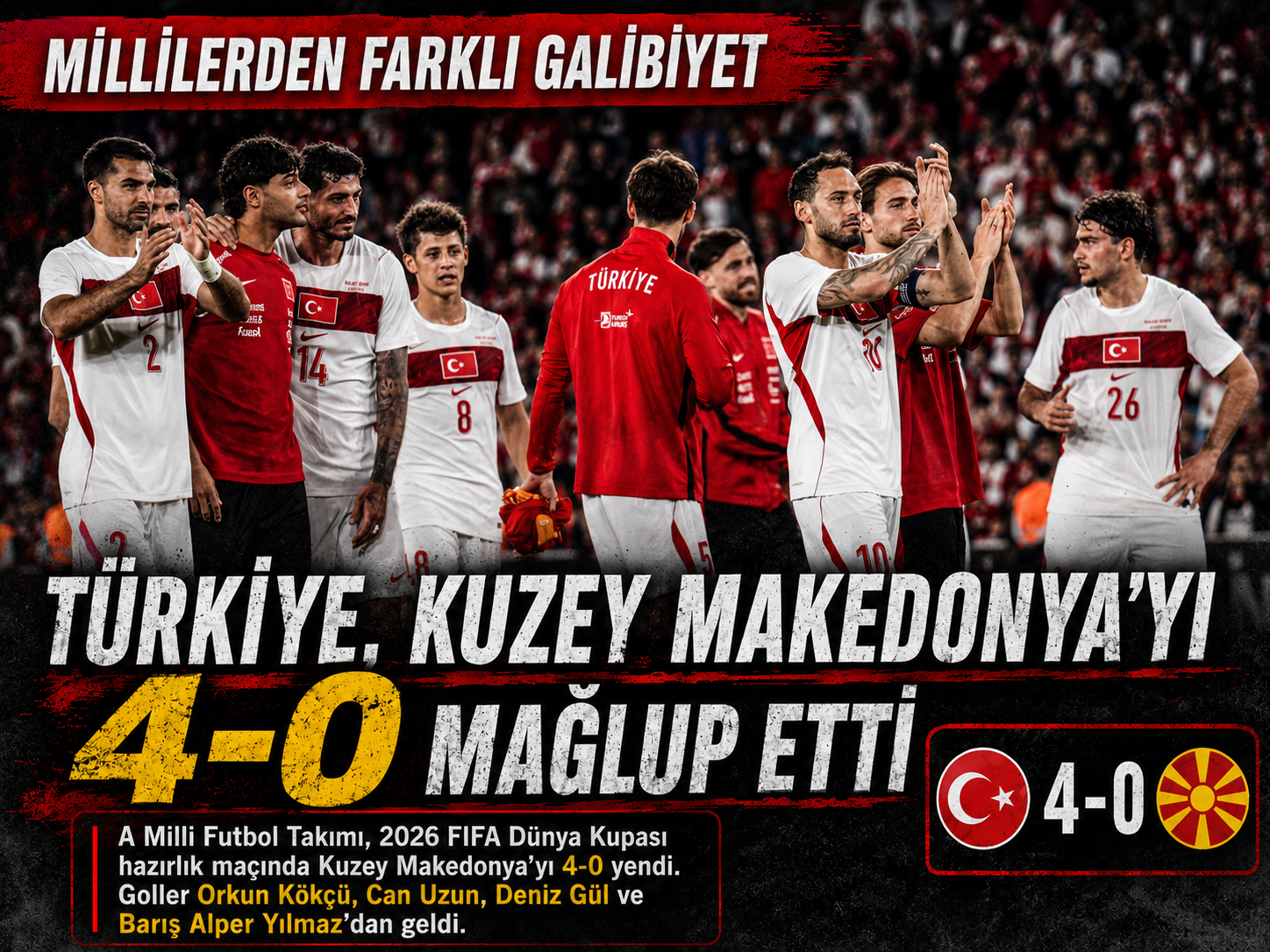 Türkiye 4-0 Kuzey Makedonya: Millilerden dünya kupası provası