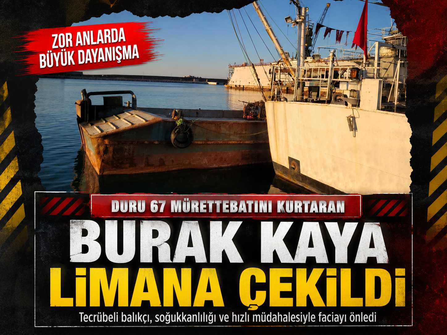 Duru 67 mürettebatını kurtaran Burak Kaya limana çekildi