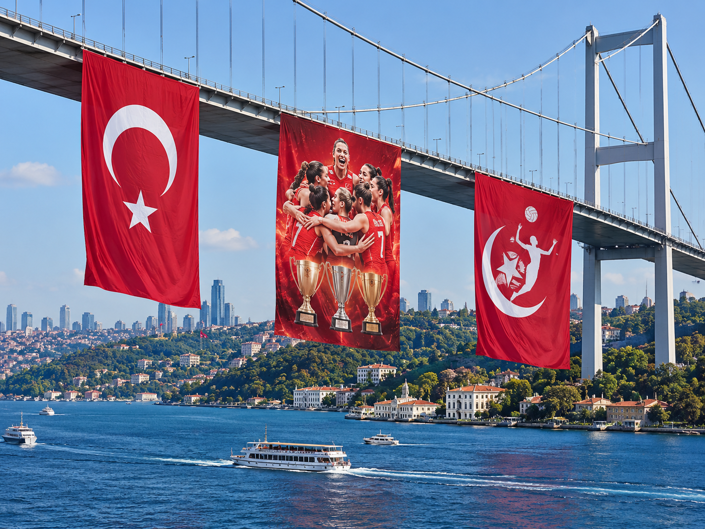 “3 Kupa, 1 Şampiyon” bayrakları İstanbul Boğazı'nda
