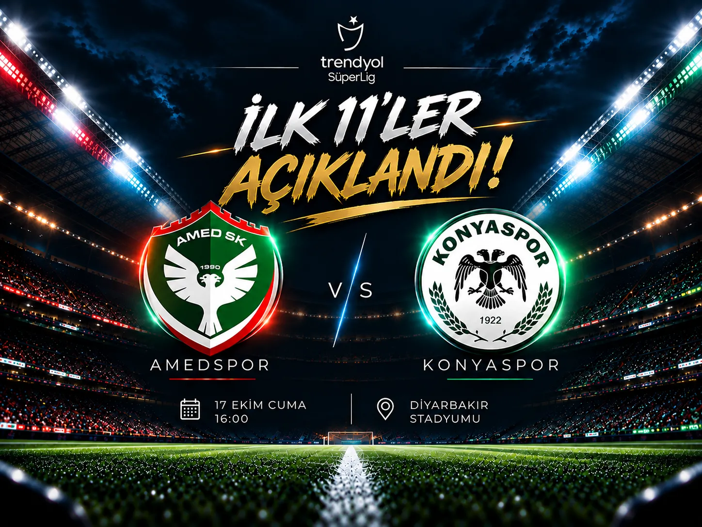 Amedspor-Konyaspor ilk 11'leri belli oldu
