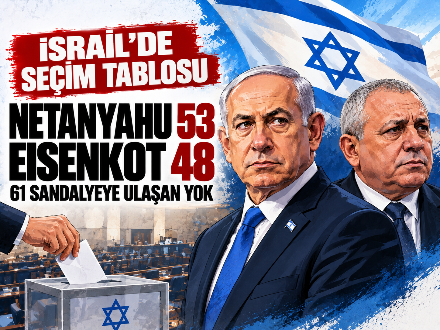 İsrail'de seçim tablosu:Netanyahu 53, Eisenkot 48 sandalyede kaldı