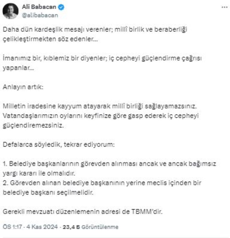 Ali Babacan: Anlayın artık, kayyum atayarak milli birliği sağlayamazsınız
