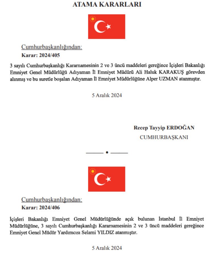 Resmi Gazete yayımlandı: Adıyaman İl Emniyet Müdürü görevden alındı, İstanbul İl Emniyet Müdürlüğüne yeni atama