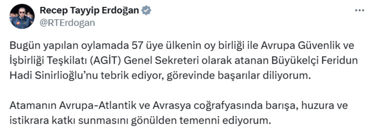 Erdoğan'dan AGİT Genel Sekreterine tebrik mesajı